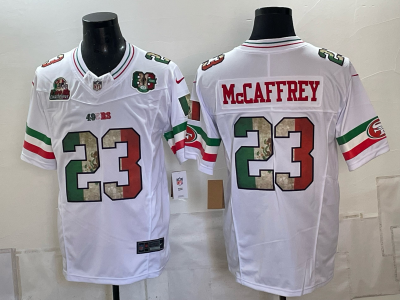 Men's White San Francisco 49ers #23 Christian McCaffrey Mexico 80th Anniversary Five Time Super Bowl Champions Patch 2026 F.U.S.E. Vapor Untouchable Limited Stitched Football Jersey